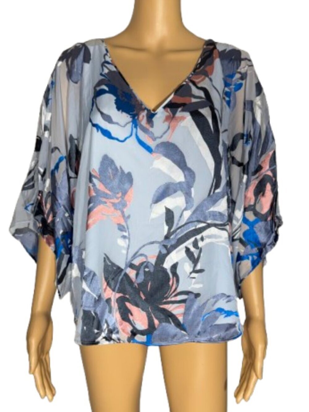WHBM V-Neck Sheer Lined Floral Raised Print Kimono Blouse Lt Blue Size Large